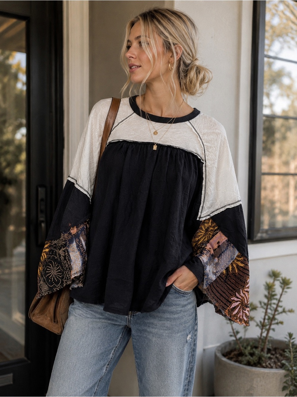 Free People We The Free Black and Cream Patchwork Peasant Tunıc XS Oversized